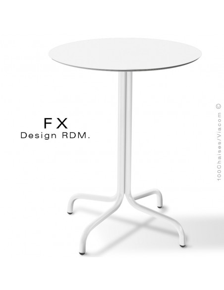 Table FX pour terrasse, CHR, piétement acier peint blanc, plateau rond type Compact blanc