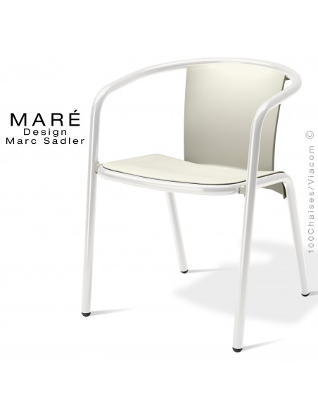Fauteuil MARÉ, pour terrasse de café piétement aluminium peint blanc, assise plastique blanc