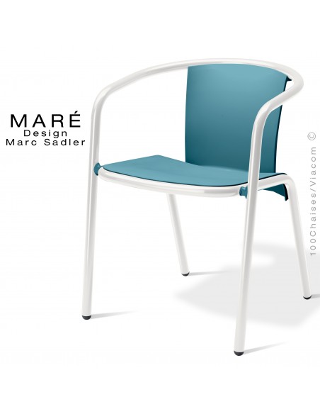 Fauteuil MARÉ, pour terrasse de café piétement aluminium peint blanc, assise plastique bleu