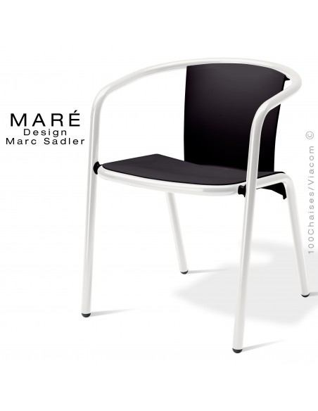 Fauteuil MARÉ, pour terrasse de café piétement aluminium peint blanc, assise plastique noir