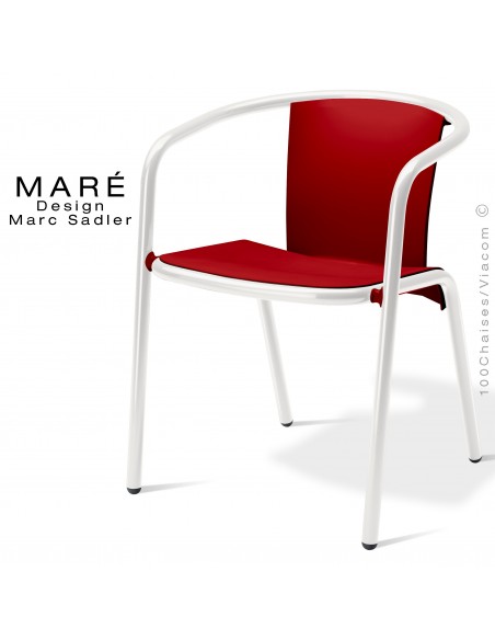 Fauteuil MARÉ, pour terrasse de café piétement aluminium peint blanc, assise plastique rouge