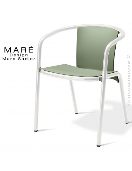 Fauteuil MARÉ, pour terrasse de café piétement aluminium peint blanc, assise plastique vert