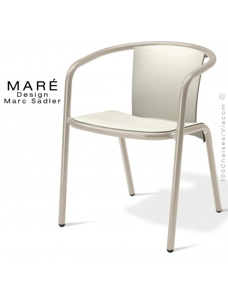 Fauteuil MARÉ, pour terrasse de café piétement aluminium peint gris tourterelle, assise plastique blanc