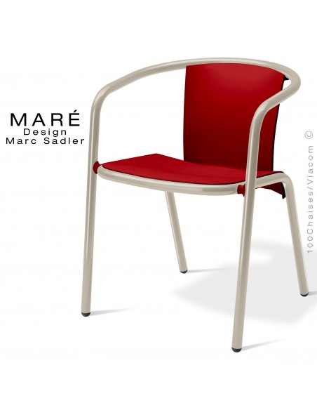 Fauteuil MARÉ, pour terrasse de café piétement aluminium peint gris tourterelle, assise plastique rouge