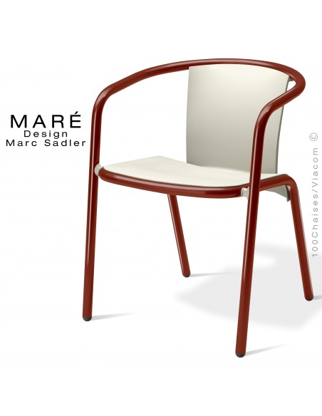 Fauteuil MARÉ, pour terrasse de café piétement aluminium peint marron, assise plastique blanc