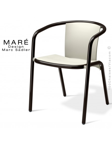 Fauteuil MARÉ, pour terrasse de café piétement aluminium peint noir, assise plastique blanc