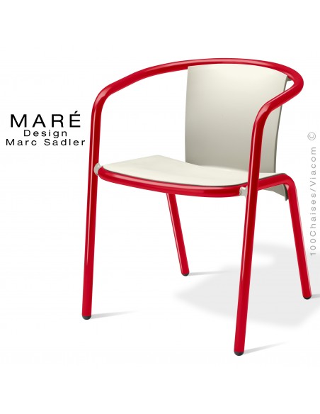 Fauteuil MARÉ, pour terrasse de café piétement aluminium peint rouge, assise plastique blanc