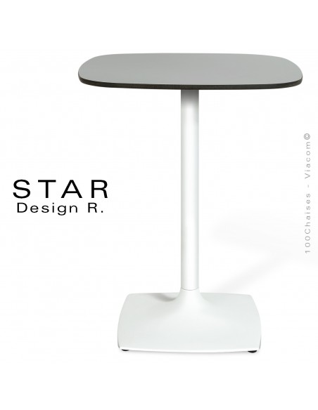 Table STAR, pour café, hôtel, restaurant, piétement peint blanc, plateau Compact couleur gris clair.