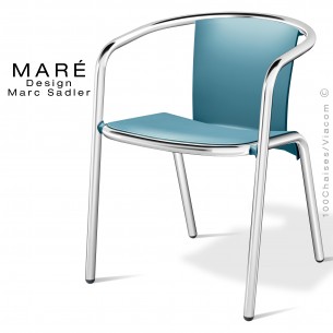 Fauteuil MARÉ, piétement aluminium anodisé, assise coque plastique couleur bleu.