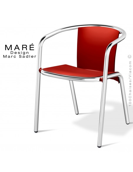 Fauteuil MARÉ, piétement aluminium anodisé, assise coque plastique couleur rouge.