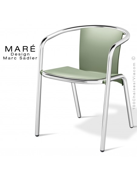Fauteuil MARÉ, piétement aluminium anodisé, assise coque plastique couleur vert.