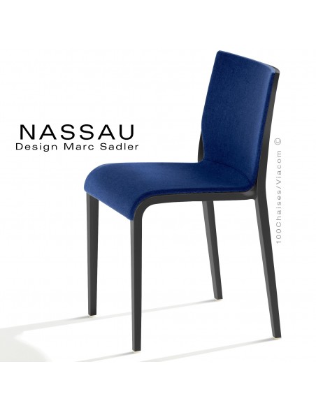 Chaise NASSAU, pour hôtel, restaurant, café, snack, structure plastique noir, assise tissu bleu FL010.