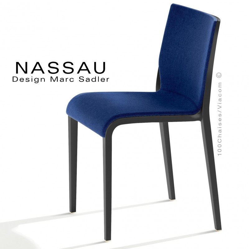 Chaise NASSAU, pour hôtel, restaurant, café, snack, structure plastique noir, assise tissu bleu FL010.