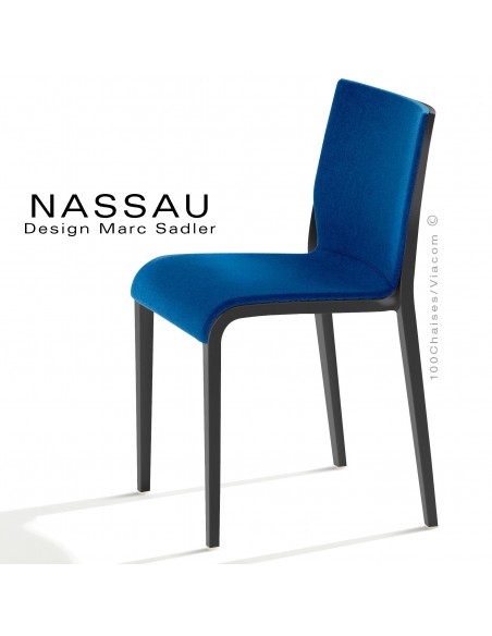 Chaise NASSAU, pour hôtel, restaurant, café, snack, structure plastique noir, assise tissu bleu FL125.