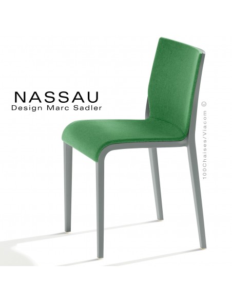 Chaise NASSAU, pour hôtel, restaurant, café, snack, structure plastique grise, assise tissu vert foncé FL828.