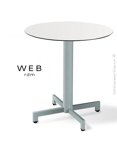 Table WEB, piétement quatre branches sur colonne, acier peint aluminum, plateau compact blanc