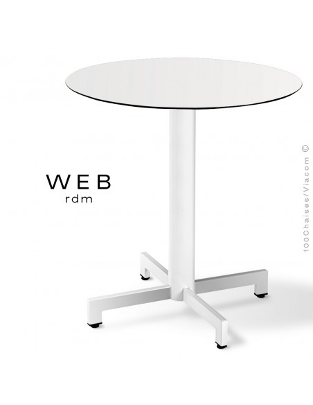 Table WEB, piétement quatre branches sur colonne, acier peint blanc, plateau compact blanc