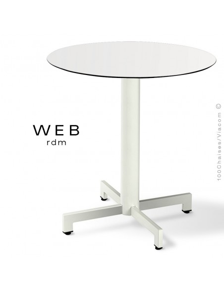 Table WEB, piétement quatre branches sur colonne, acier peint blanc pur, plateau compact blanc