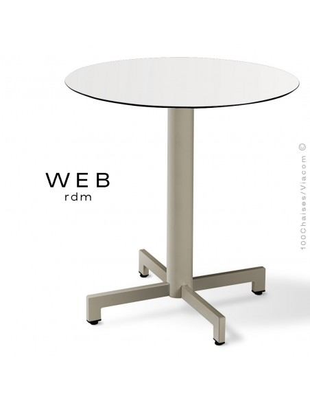 Table WEB, piétement quatre branches sur colonne, acier peint gris tourterelle, plateau compact blanc