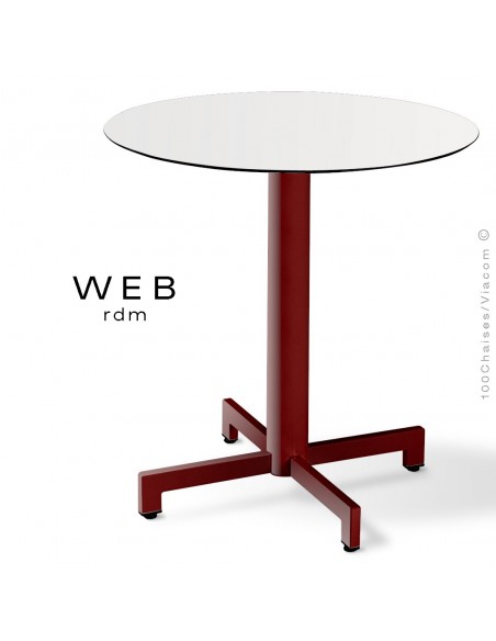 Table WEB, piétement quatre branches sur colonne, acier peint marron, plateau compact blanc