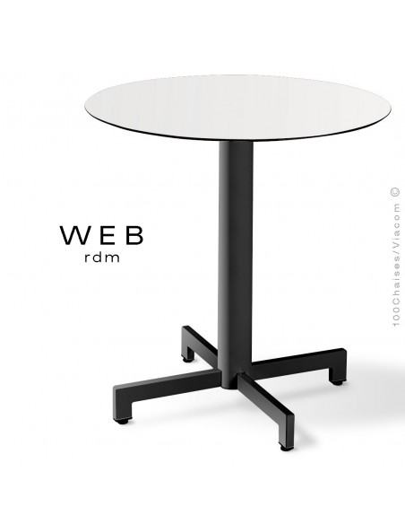 Table WEB, piétement quatre branches sur colonne, acier peint noir, plateau compact blanc