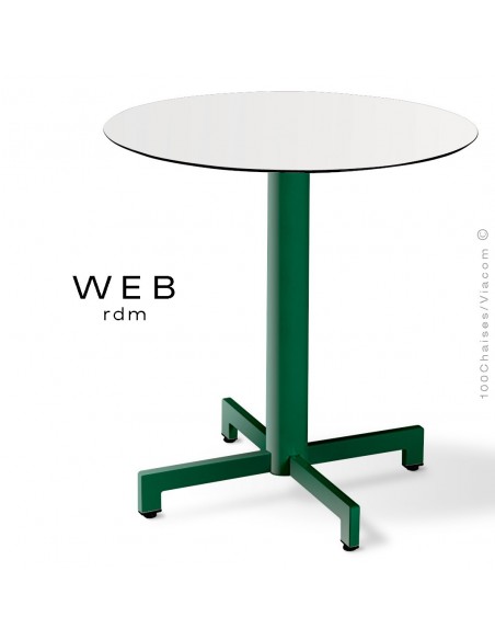 Table WEB, piétement quatre branches sur colonne, acier peint vert, plateau compact blanc