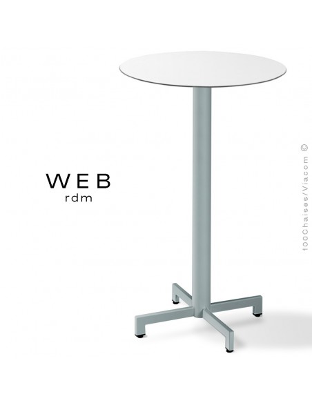 Table mange debout WEB, piétement quatre branches sur colonne, acier peint aluminum, plateau compact blanc