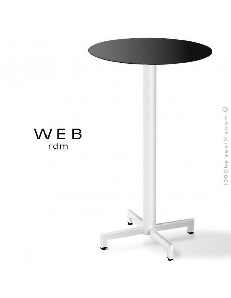Table mange debout WEB, piétement quatre branches sur colonne, acier peint blanc, plateau compact noir