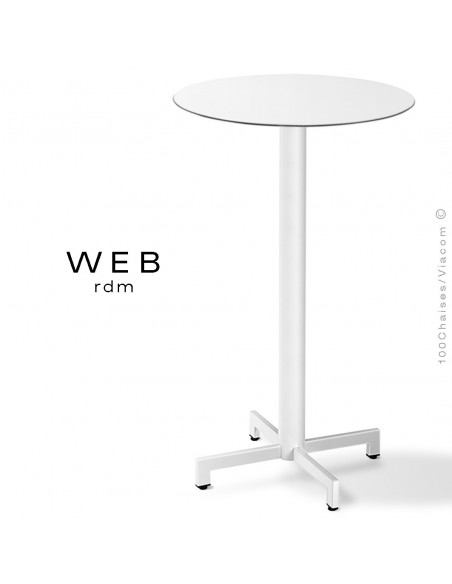 Table mange debout WEB, piétement quatre branches sur colonne, acier peint blanc, plateau compact blanc