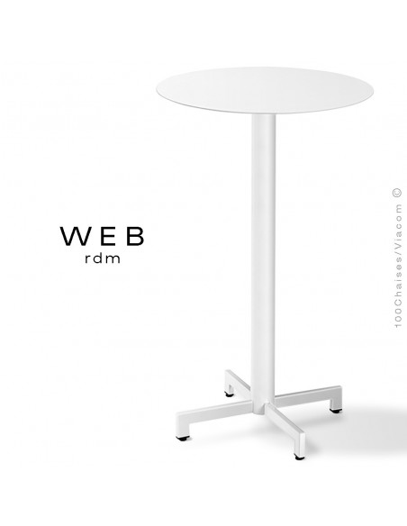 Table mange debout WEB, piétement quatre branches sur colonne, acier peint blanc, plateau compact blanc chant blanc
