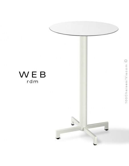 Table mange debout WEB, piétement quatre branches sur colonne, acier peint blanc pur, plateau compact blanc