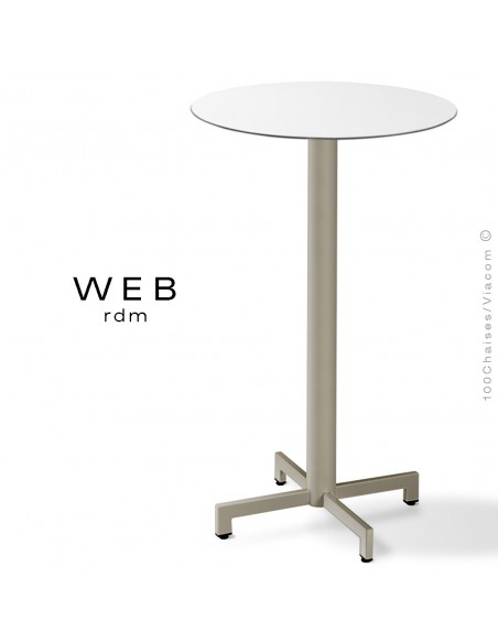 Table mange debout WEB, piétement quatre branches sur colonne, acier peint gris tourterelle, plateau compact blanc