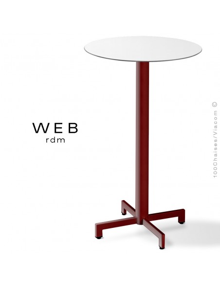 Table mange debout WEB, piétement quatre branches sur colonne, acier peint marron, plateau compact blanc