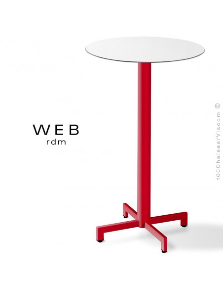 Table mange debout WEB, piétement quatre branches sur colonne, acier peint rouge, plateau compact blanc