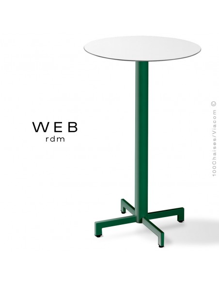 Table mange debout WEB, piétement quatre branches sur colonne, acier peint vert, plateau compact blanc