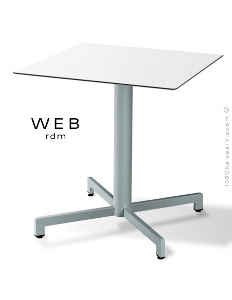 Table WEB, piétement quatre branches sur colonne, acier peint aluminum, plateau compact blanc