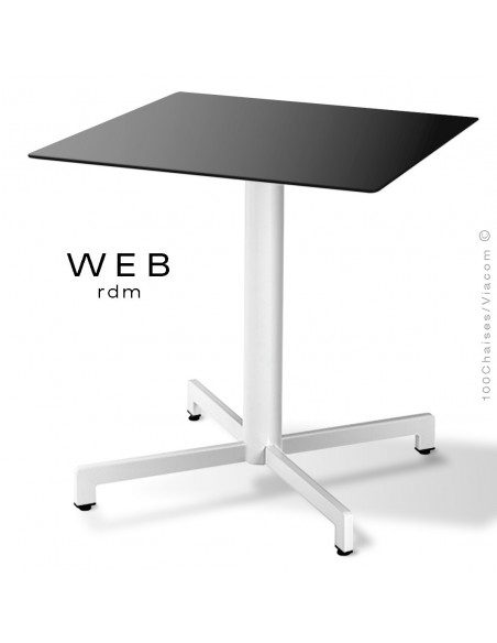 Table WEB, piétement quatre branches sur colonne, acier peint blanc, plateau compact noir