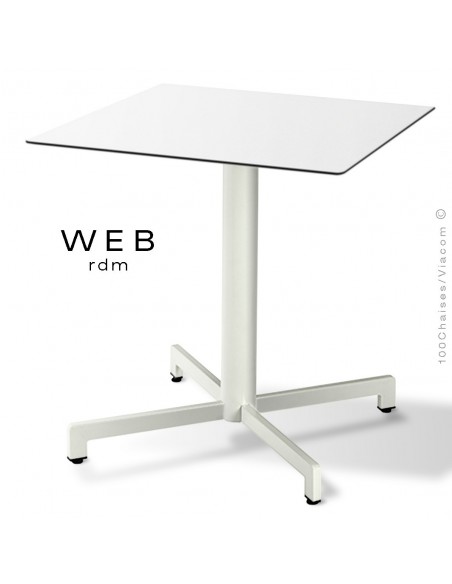 Table WEB, piétement quatre branches sur colonne, acier peint blanc pur, plateau compact blanc