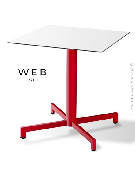 Table WEB, piétement quatre branches sur colonne, acier peint rouge, plateau compact blanc