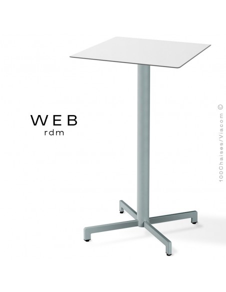 Table mange debout WEB, piétement quatre branches sur colonne, acier peint aluminum, plateau compact blanc