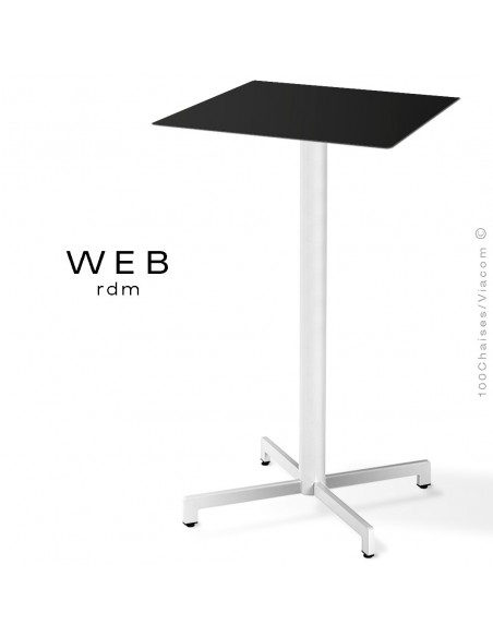 Table mange debout WEB, piétement quatre branches sur colonne, acier peint blanc, plateau compact noir