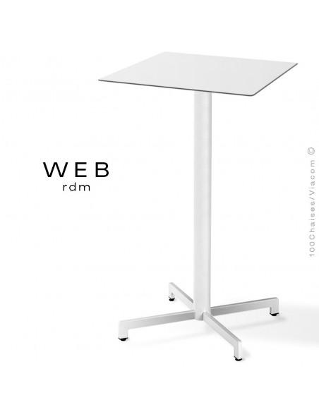 Table mange debout WEB, piétement quatre branches sur colonne, acier peint blanc, plateau compact blanc