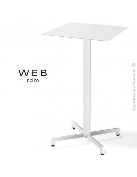 Table mange debout WEB, piétement quatre branches sur colonne, acier peint blanc, plateau compact blanc chant blanc
