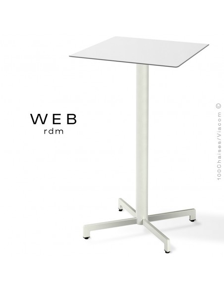 Table mange debout WEB, piétement quatre branches sur colonne, acier peint blanc pur, plateau compact blanc