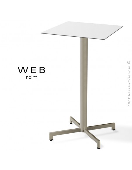 Table mange debout WEB, piétement quatre branches sur colonne, acier peint gris tourterelle, plateau compact blanc