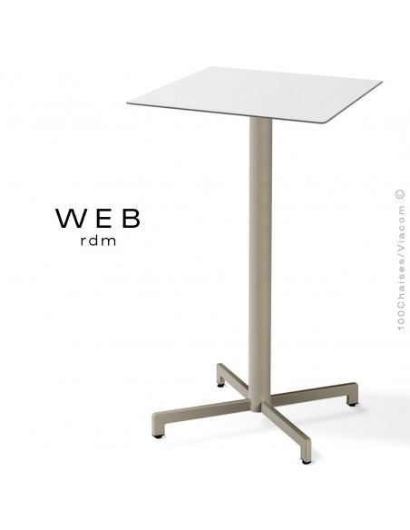 Table mange debout WEB, piétement quatre branches sur colonne, acier peint gris tourterelle, plateau compact blanc