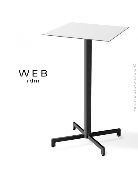 Table mange debout WEB, piétement quatre branches sur colonne, acier peint noir, plateau compact blanc