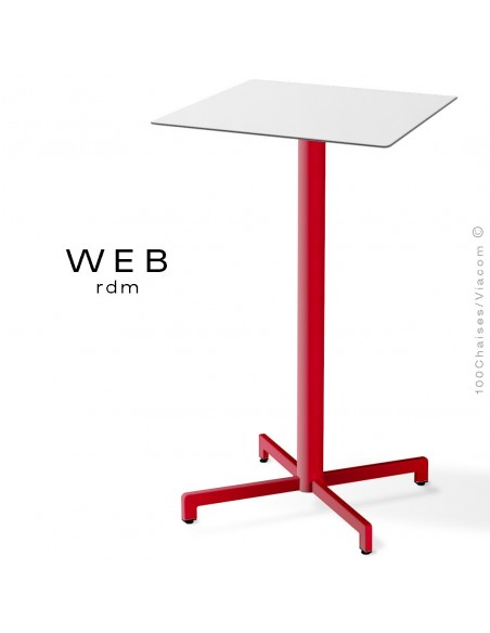 Table mange debout WEB, piétement quatre branches sur colonne, acier peint rouge, plateau compact blanc