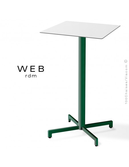 Table mange debout WEB, piétement quatre branches sur colonne, acier peint vert, plateau compact blanc