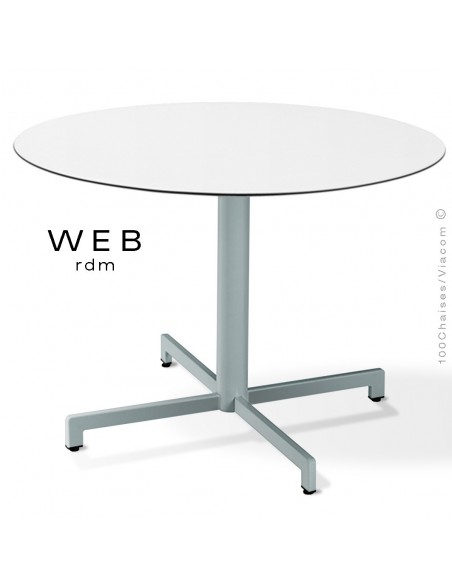 Table WEB, piétement quatre branches sur colonne, acier peint aluminum, plateau compact blanc